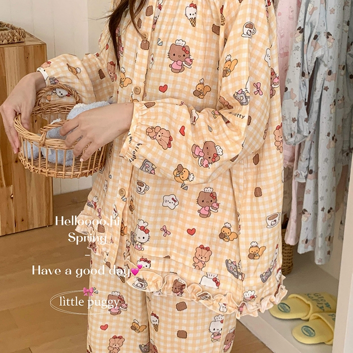 91家纺网 家纺一手货源 找家纺 妍景家居生活馆 2026新款木耳边纱布套装 黄格子雪糕小猫