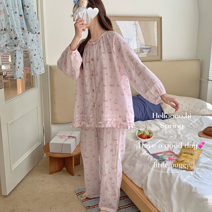 91家纺网 家纺一手货源 找家纺 妍景家居生活馆 2026新款木耳边纱布套装 粉色波点雪糕兔