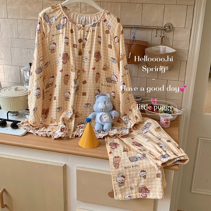 91家纺网 家纺一手货源 找家纺 妍景家居生活馆 2026新款木耳边纱布套装 黄格子雪糕小猫