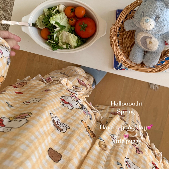 91家纺网 家纺一手货源 找家纺 妍景家居生活馆 2026新款木耳边纱布套装 黄格子雪糕小猫