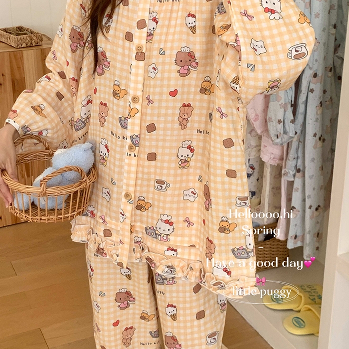 91家纺网 家纺一手货源 找家纺 妍景家居生活馆 2026新款木耳边纱布套装 黄格子雪糕小猫