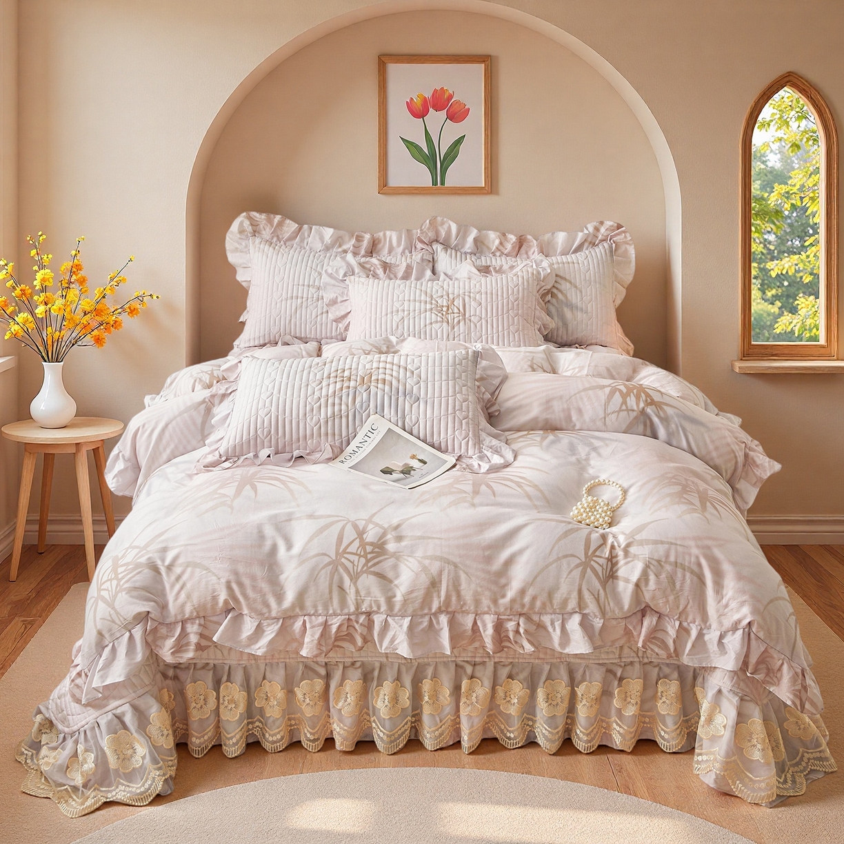 91家纺网 家纺一手货源 找家纺 宜凡家纺 2026新款全棉数码印花床盖四件套③号系列 竹影-粉