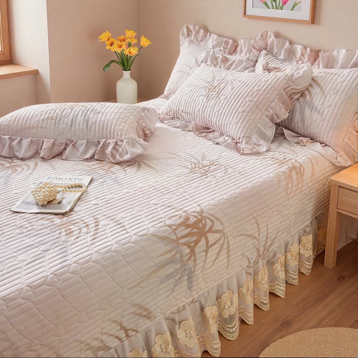 91家纺网 家纺一手货源 找家纺 宜凡家纺 2026新款全棉数码印花床盖四件套③号系列 竹影-粉