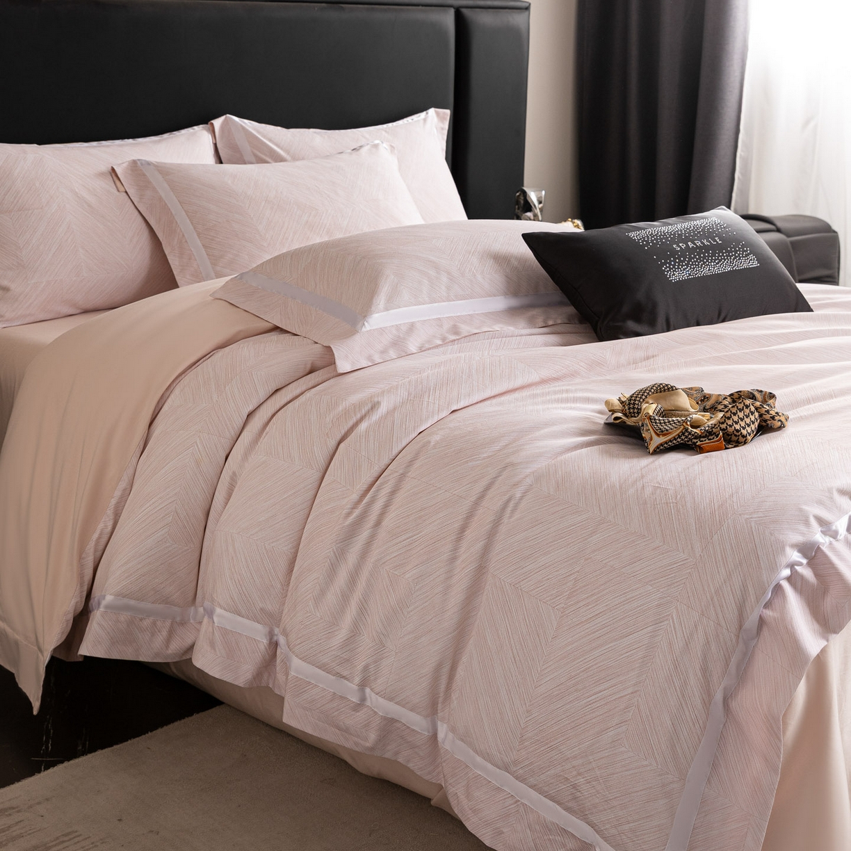 91家纺网 家纺一手货源 找家纺 新方向 【控价 提供买家秀】2026新款数码印花50s双股全棉贡缎长绒棉四件套-星河拍摄2 星河-蔷薇粉