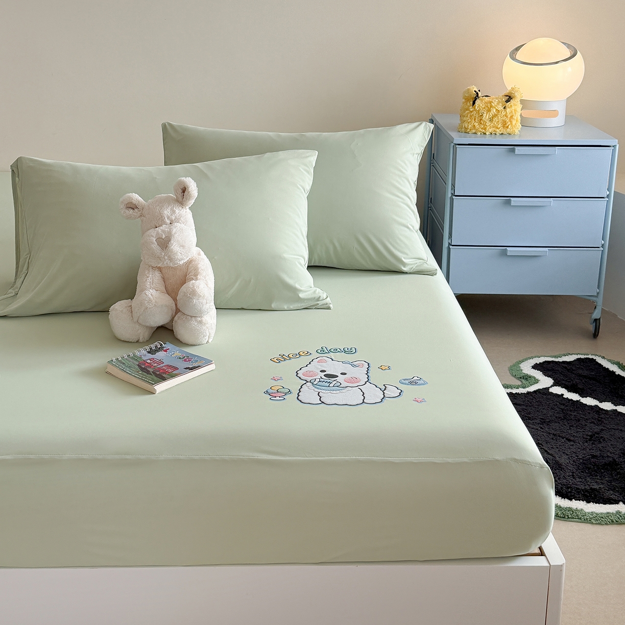 91家纺网 家纺一手货源 找家纺 TT.one 塔塔家居 2026新款A类卡通针织凉感刺绣烫印床笠 米多多-薄荷绿