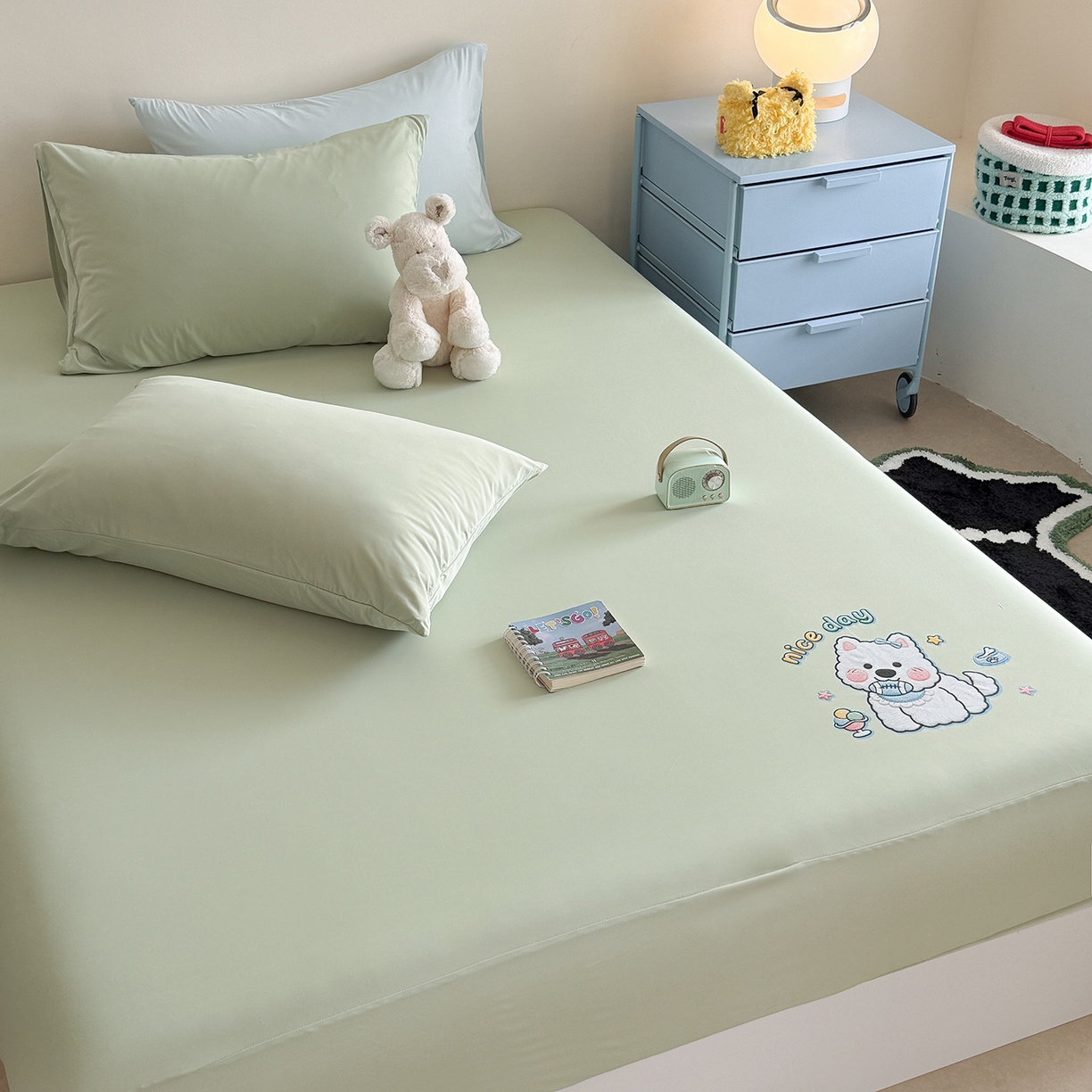 91家纺网 家纺一手货源 找家纺 TT.one 塔塔家居 2026新款A类卡通针织凉感刺绣烫印床笠 米多多-薄荷绿