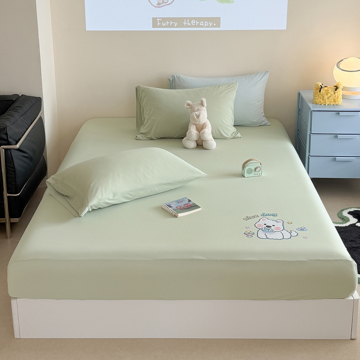 91家纺网 家纺一手货源 找家纺 TT.one 塔塔家居 2026新款A类卡通针织凉感刺绣烫印床笠 米多多-薄荷绿