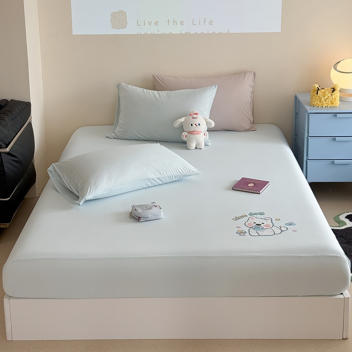 91家纺网 家纺一手货源 找家纺 TT.one 塔塔家居 2026新款A类卡通针织凉感刺绣烫印床笠 米多多-海盐蓝