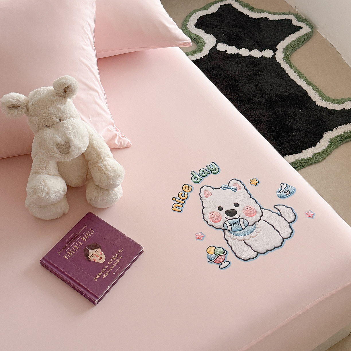 91家纺网 家纺一手货源 找家纺 TT.one 塔塔家居 2026新款A类卡通针织凉感刺绣烫印床笠 米多多-少女粉