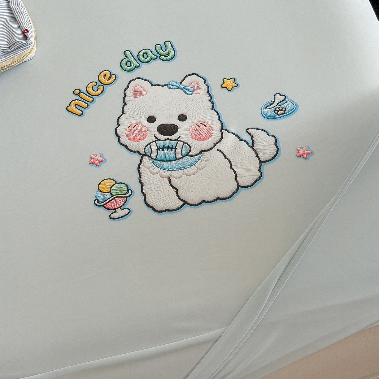 91家纺网 家纺一手货源 找家纺 TT.one 塔塔家居 2026新款A类卡通针织凉感刺绣烫印床笠 米多多-海盐蓝