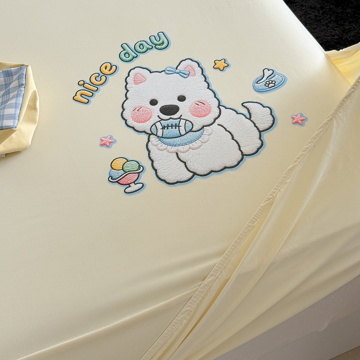 91家纺网 家纺一手货源 找家纺 TT.one 塔塔家居 2026新款A类卡通针织凉感刺绣烫印床笠 米多多-奶昔黄