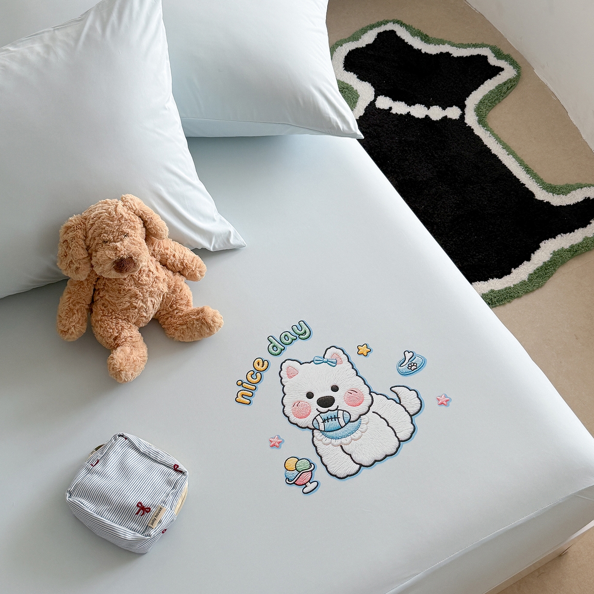 91家纺网 家纺一手货源 找家纺 TT.one 塔塔家居 2026新款A类卡通针织凉感刺绣烫印床笠 米多多-海盐蓝