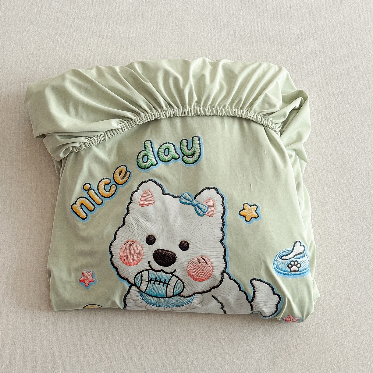 91家纺网 家纺一手货源 找家纺 TT.one 塔塔家居 2026新款A类卡通针织凉感刺绣烫印床笠 米多多-薄荷绿