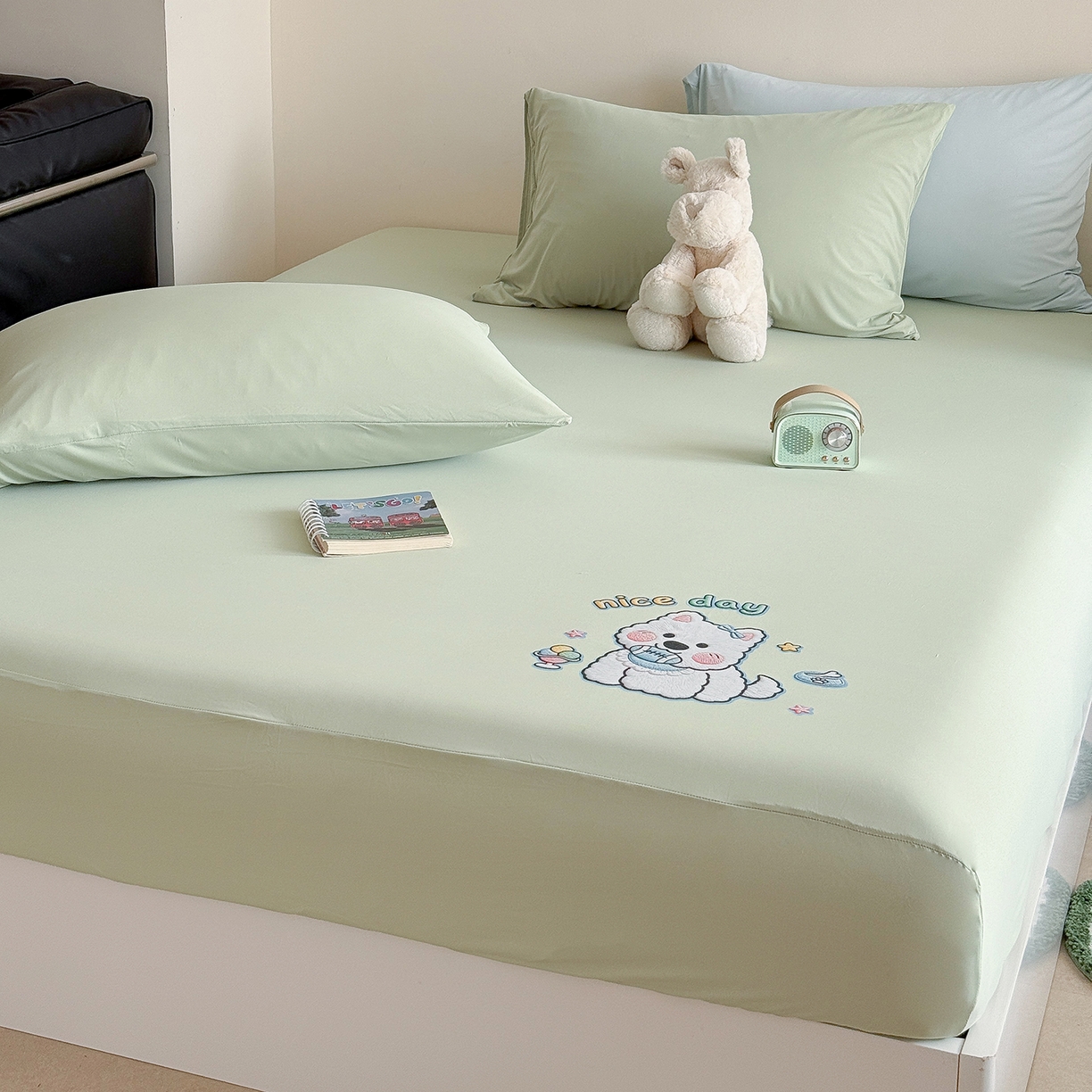 TT.one 塔塔家居 2026新款A类卡通针织凉感刺绣烫印床笠 米多多-薄荷绿