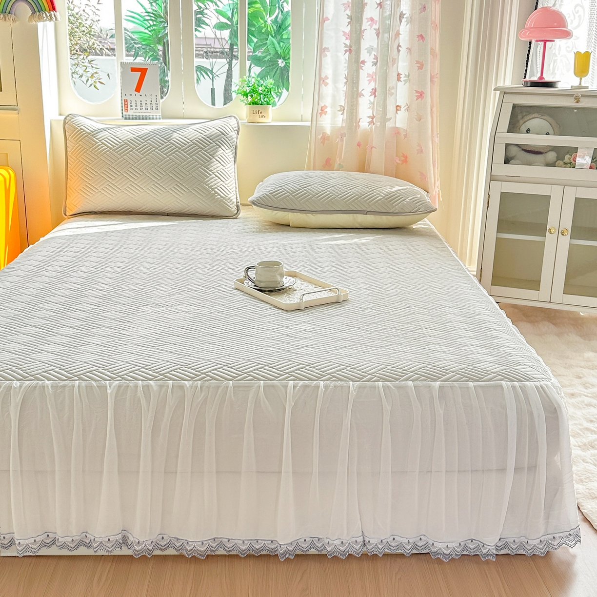 91家纺网 家纺一手货源 找家纺 丹本家纺 2026新款凉感夏被空调被凉席空调席冰丝席纯色床裙乳胶席三件套四件套菱形格 菱形格床裙款-灰色