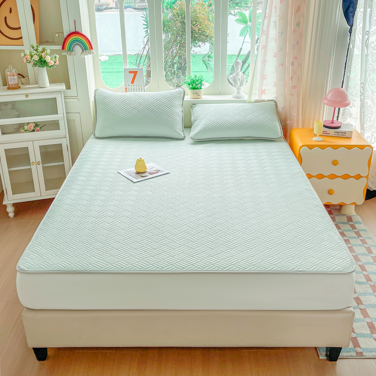 91家纺网 家纺一手货源 找家纺 丹本家纺 2026新款凉感夏被空调被凉席空调席冰丝席纯色床裙乳胶席三件套四件套菱形格 菱形格平铺款-青色