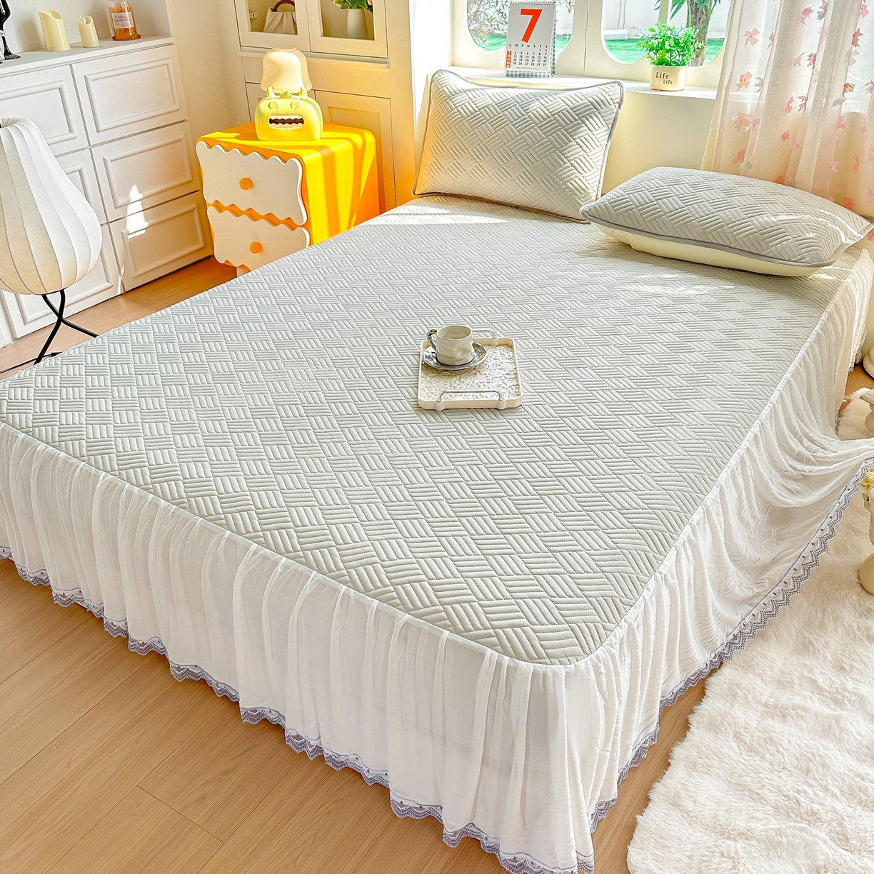 91家纺网 家纺一手货源 找家纺 丹本家纺 2026新款凉感夏被空调被凉席空调席冰丝席纯色床裙乳胶席三件套四件套菱形格 菱形格床裙款-灰色