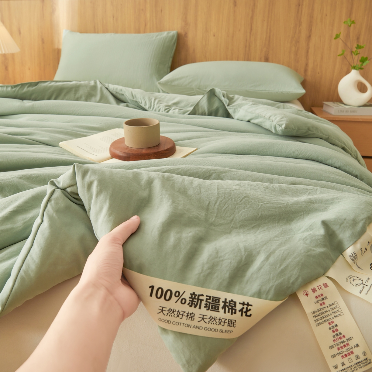 91家纺网 家纺一手货源 找家纺 思雅庭 2026新款100%水洗棉新疆棉花被 绿色