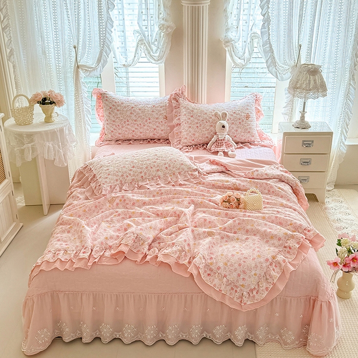 91家纺网 家纺一手货源 找家纺 （总）苏米娜 2026韩版双层花边木棉皱皱纱夏被床盖款-小清新系列