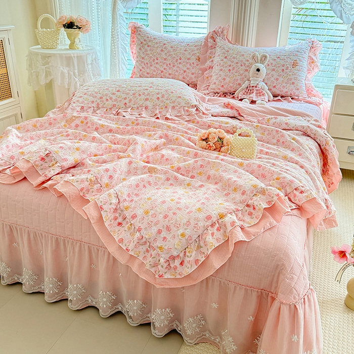 91家纺网 家纺一手货源 找家纺 （总）苏米娜 2026韩版双层花边木棉皱皱纱夏被床盖款-小清新系列