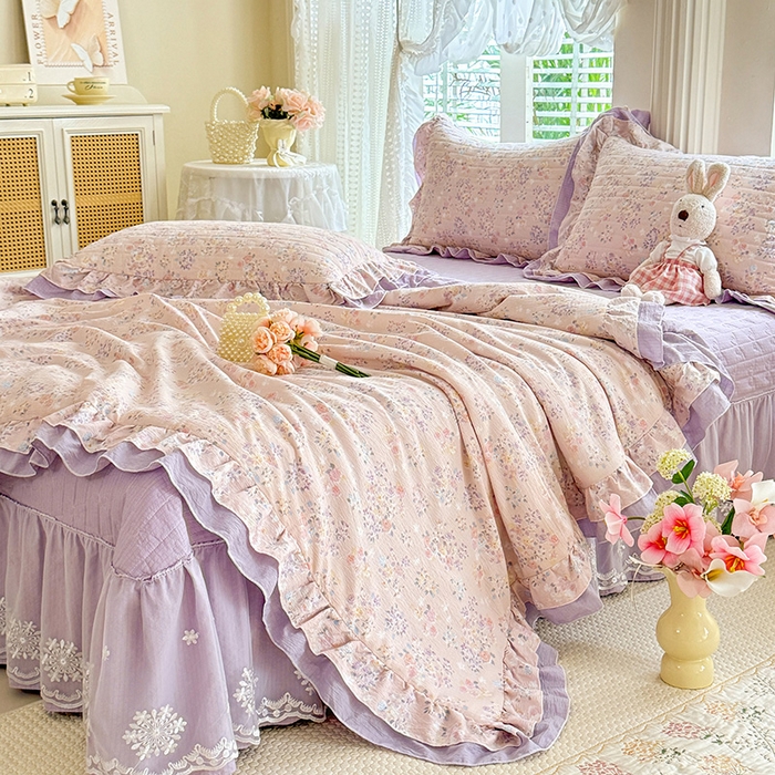 91家纺网 家纺一手货源 找家纺 苏米娜 2026韩版双层花边木棉皱皱纱夏被床盖款-小清新系列 紫薇