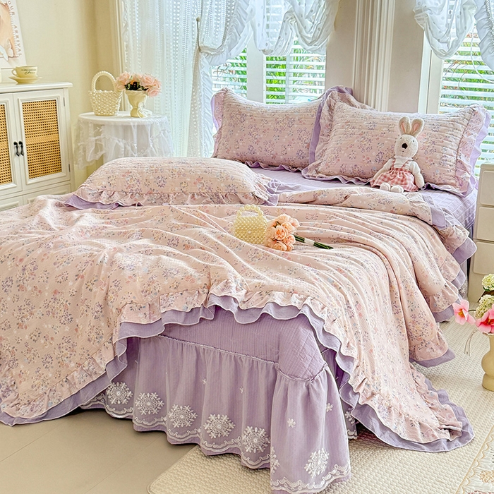 91家纺网 家纺一手货源 找家纺 苏米娜 2026韩版双层花边木棉皱皱纱夏被床盖款-小清新系列 紫薇