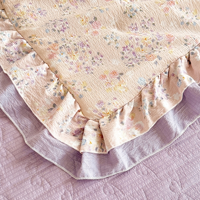 91家纺网 家纺一手货源 找家纺 苏米娜 2026韩版双层花边木棉皱皱纱夏被床盖款-小清新系列 紫薇