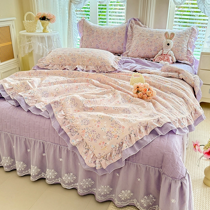 91家纺网 家纺一手货源 找家纺 苏米娜 2026韩版双层花边木棉皱皱纱夏被床盖款-小清新系列 紫薇