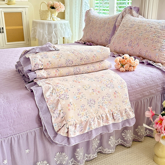 91家纺网 家纺一手货源 找家纺 苏米娜 2026韩版双层花边木棉皱皱纱夏被床盖款-小清新系列 紫薇