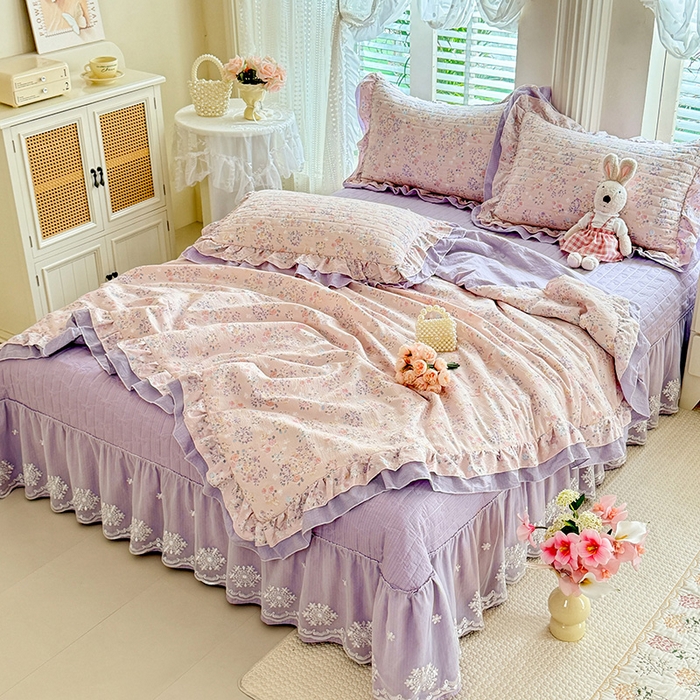 苏米娜 2026韩版双层花边木棉皱皱纱夏被床盖款-小清新系列 紫薇