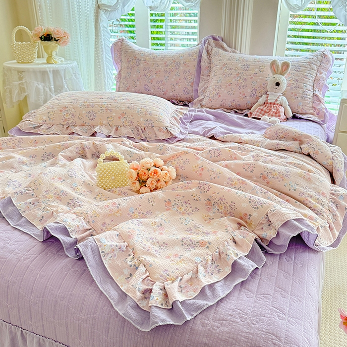 91家纺网 家纺一手货源 找家纺 苏米娜 2026韩版双层花边木棉皱皱纱夏被床盖款-小清新系列 紫薇