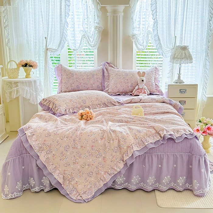 91家纺网 家纺一手货源 找家纺 苏米娜 2026韩版双层花边木棉皱皱纱夏被床盖款-小清新系列 紫薇