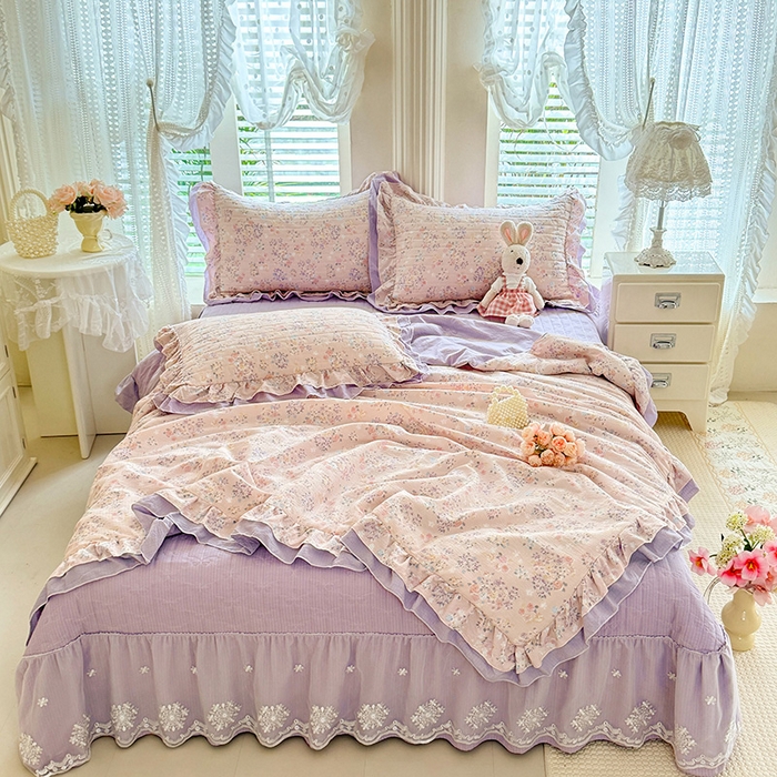 91家纺网 家纺一手货源 找家纺 苏米娜 2026韩版双层花边木棉皱皱纱夏被床盖款-小清新系列 紫薇