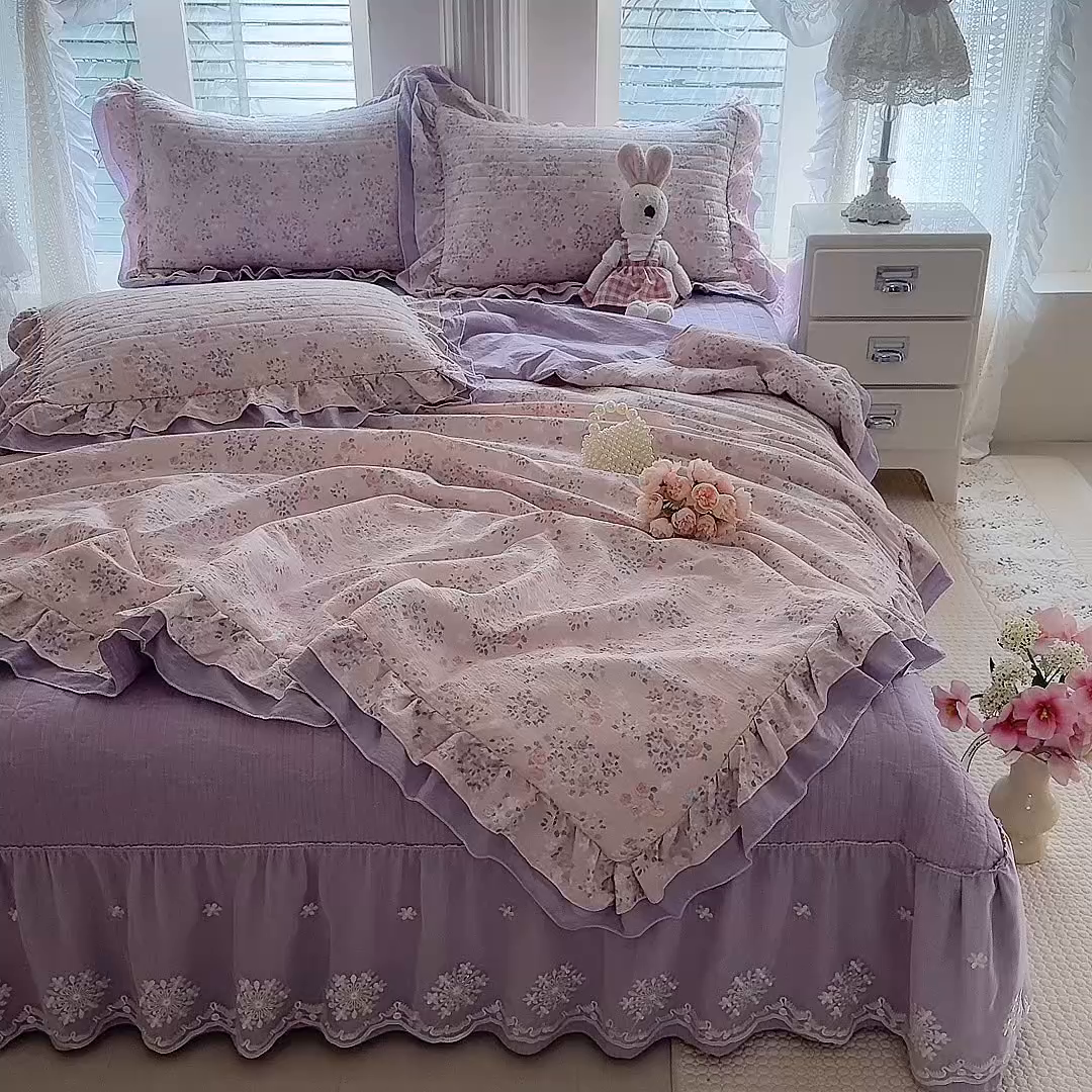 91家纺网 家纺一手货源 找家纺 苏米娜 2026韩版双层花边木棉皱皱纱夏被床盖款-小清新系列 紫薇