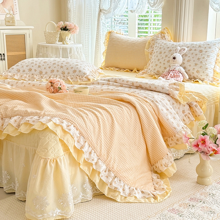 91家纺网 家纺一手货源 找家纺 苏米娜 2026韩版双层花边木棉皱皱纱夏被床盖款-小清新系列 半夏