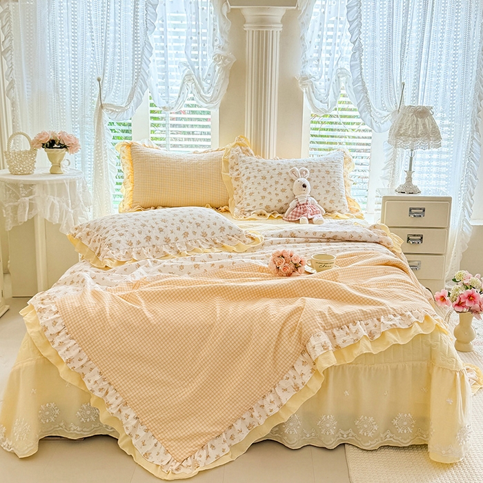 91家纺网 家纺一手货源 找家纺 苏米娜 2026韩版双层花边木棉皱皱纱夏被床盖款-小清新系列 半夏