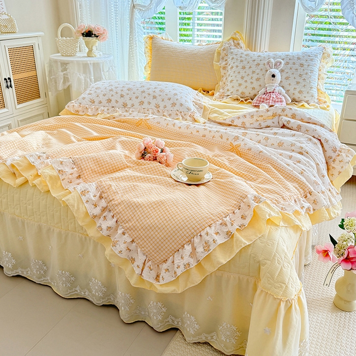 91家纺网 家纺一手货源 找家纺 苏米娜 2026韩版双层花边木棉皱皱纱夏被床盖款-小清新系列 半夏