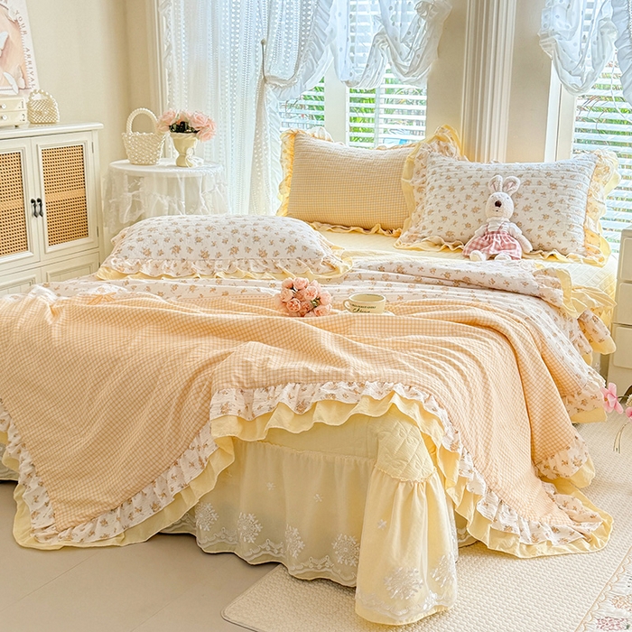 91家纺网 家纺一手货源 找家纺 苏米娜 2026韩版双层花边木棉皱皱纱夏被床盖款-小清新系列 半夏