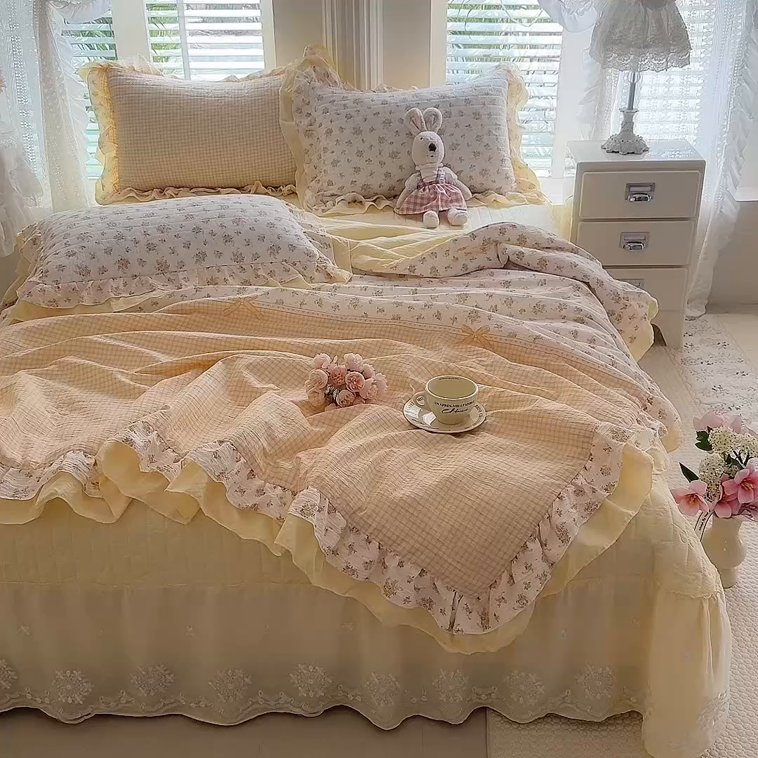 91家纺网 家纺一手货源 找家纺 苏米娜 2026韩版双层花边木棉皱皱纱夏被床盖款-小清新系列 半夏