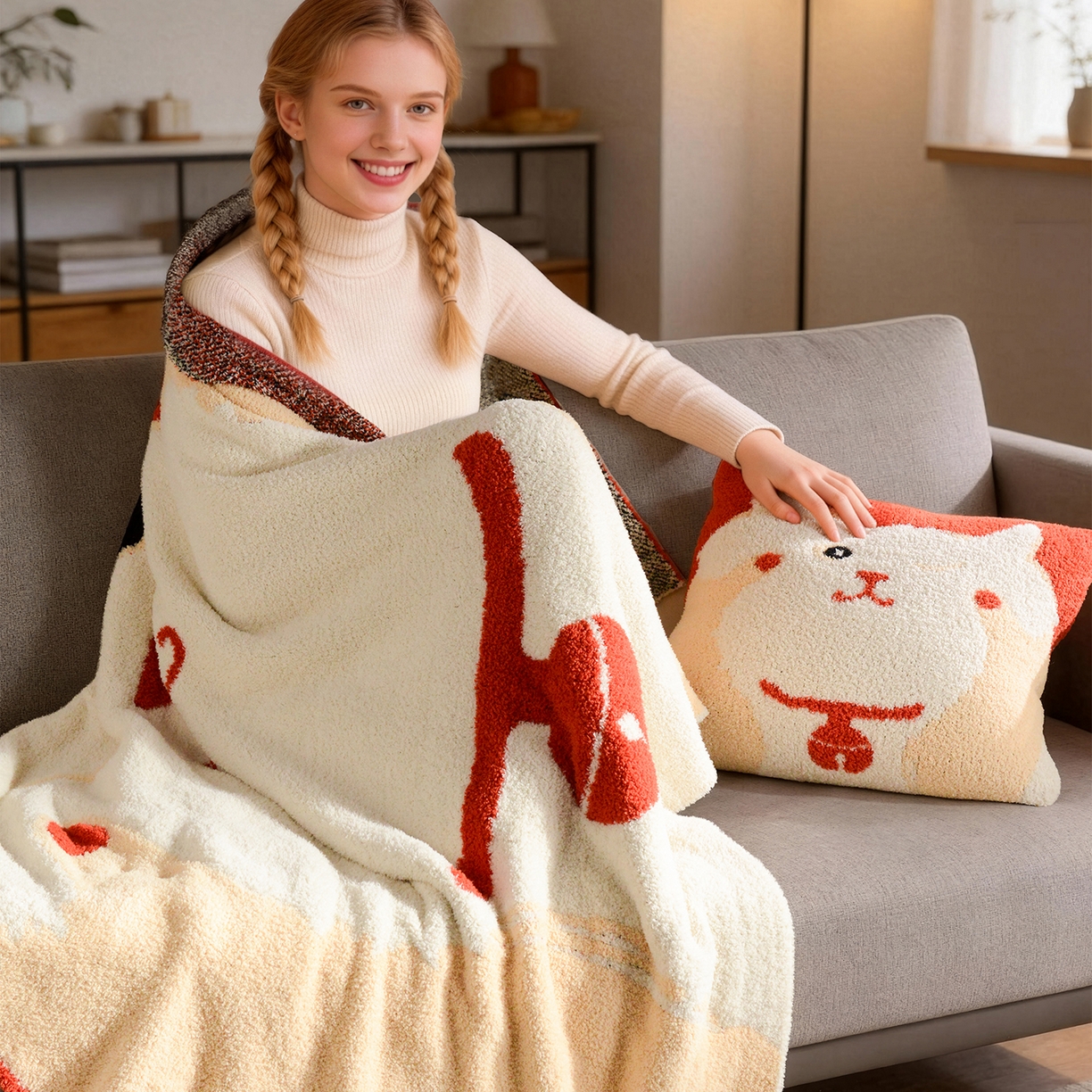 91家纺网 家纺一手货源 找家纺 苏艺针织盖毯 2026新款艺术家居超柔半边绒A类针织毯披肩多功能盖毯礼物终端控价 多宝团子毯子