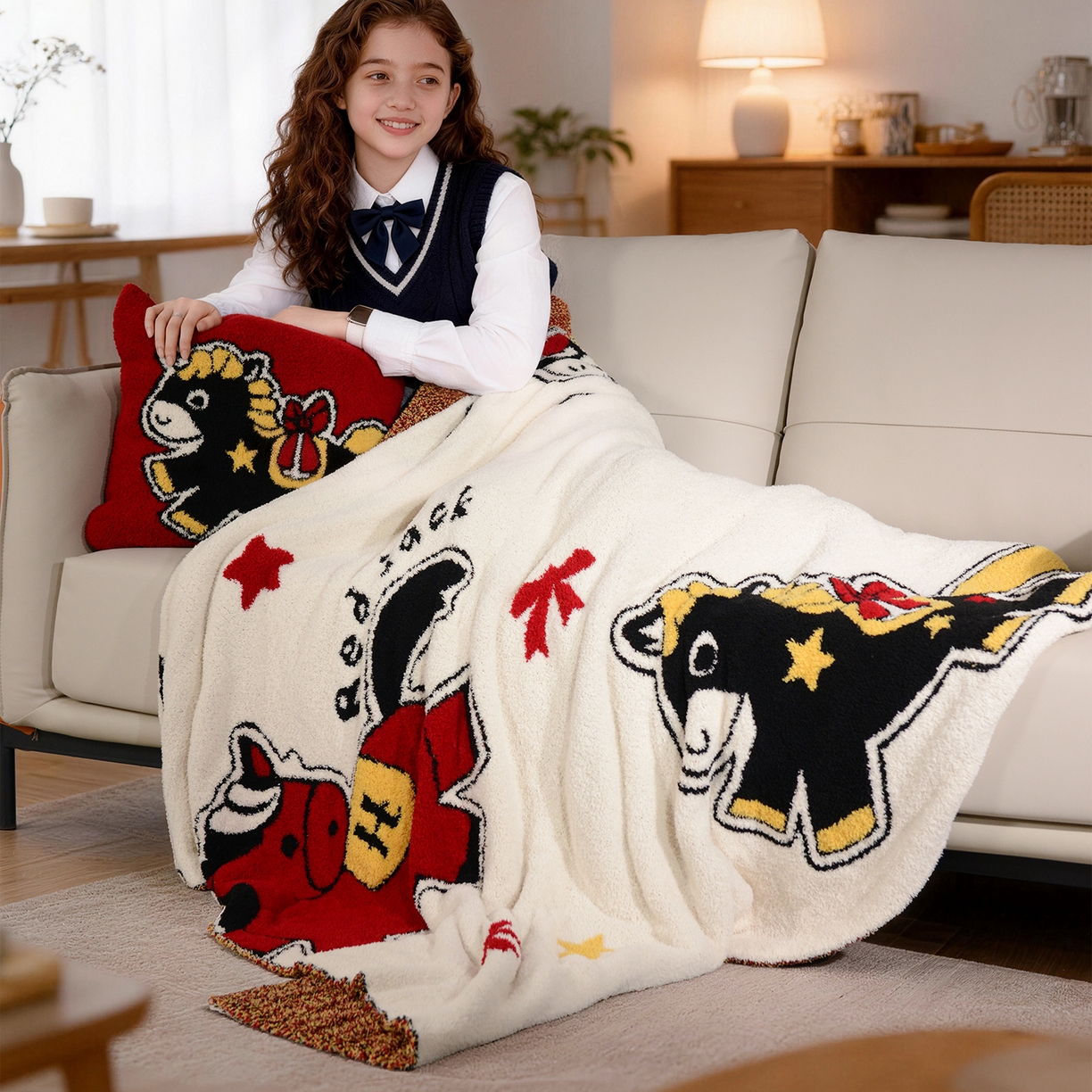 苏艺针织盖毯 2026新款艺术家居超柔半边绒A类针织毯披肩多功能盖毯礼物终端控价 赫尔墨斯与伙伴毯子