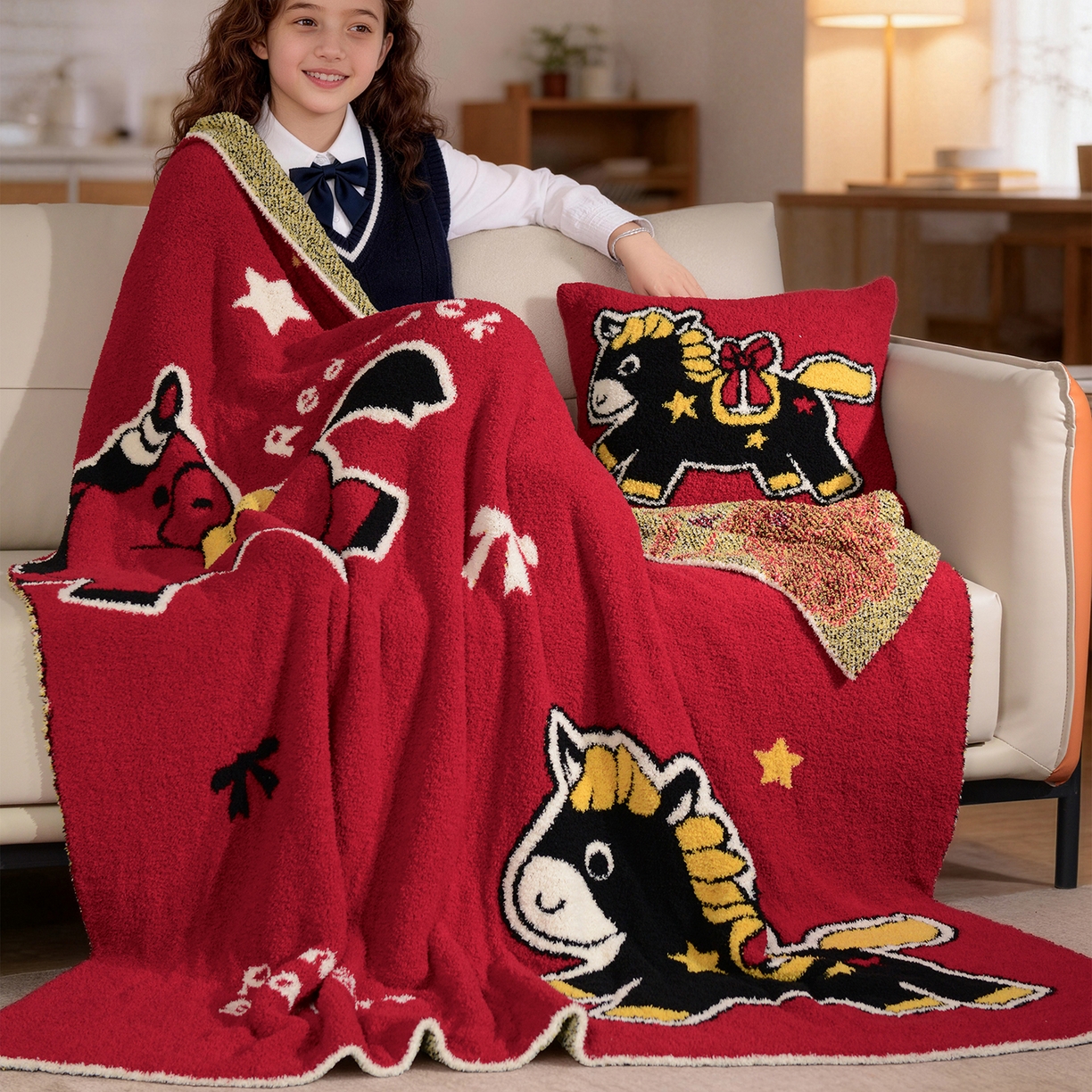 苏艺针织盖毯 2026新款艺术家居超柔半边绒A类针织毯披肩多功能盖毯礼物终端控价 赫尔墨斯与伙伴（红）毯子