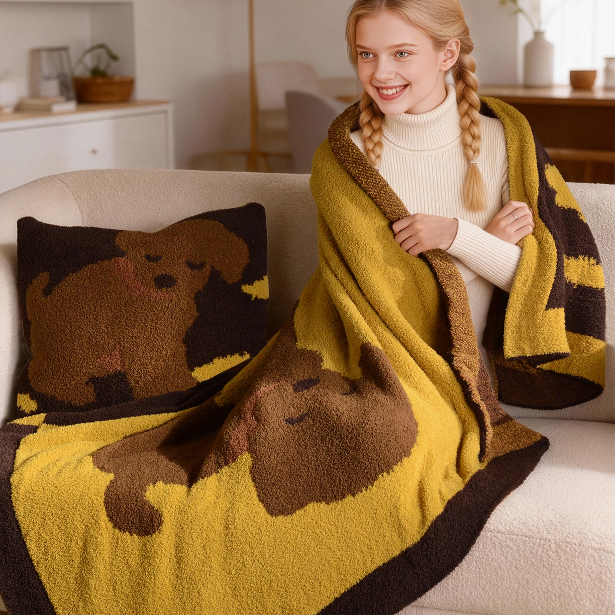 91家纺网 家纺一手货源 找家纺 苏艺针织盖毯 2026新款艺术家居超柔半边绒A类针织毯披肩多功能盖毯礼物终端控价 云朵朵（咖）毯子