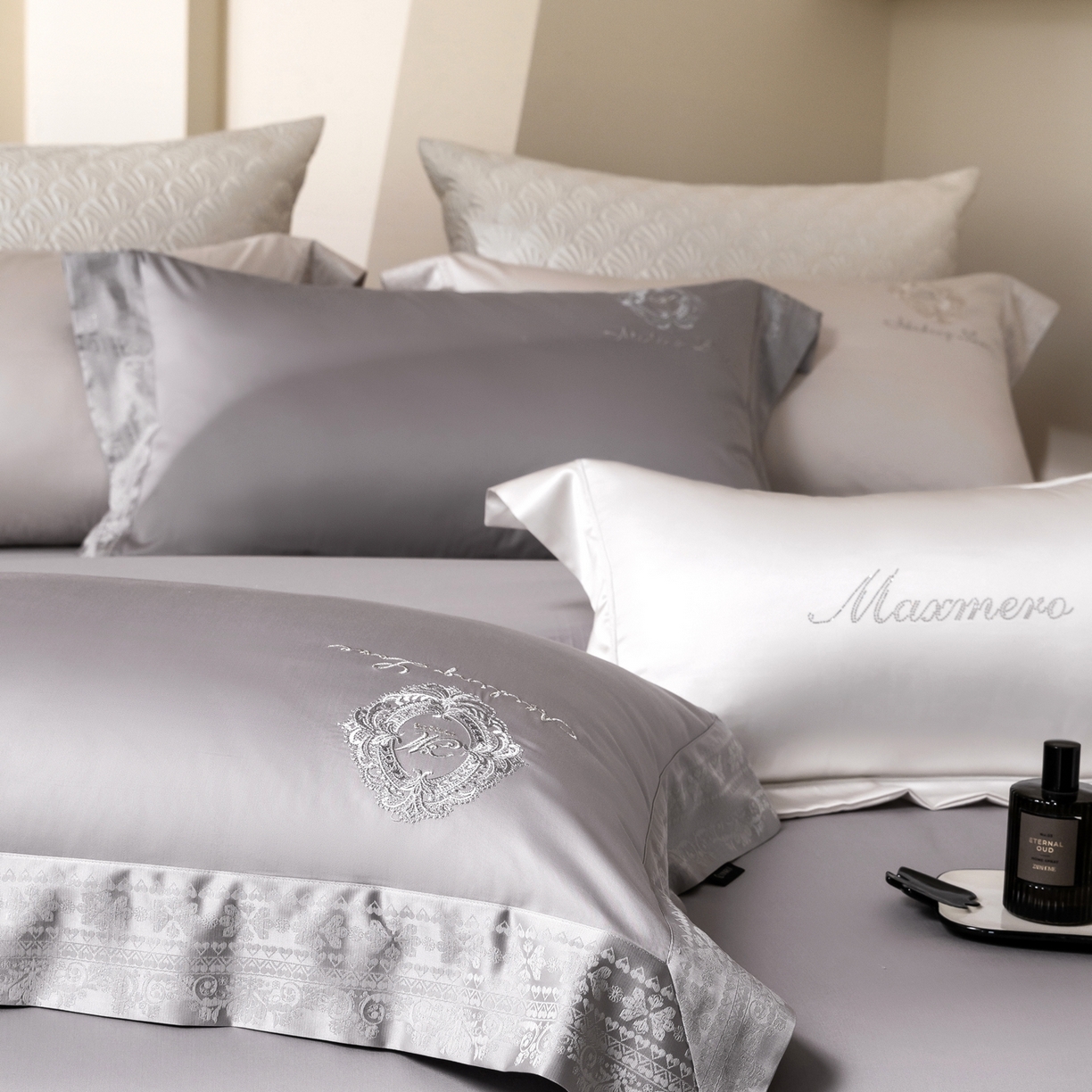 91家纺网 家纺一手货源 找家纺 馨蕊家居 2026春夏新款100S全棉纯棉高精密提花刺绣四件套-赫本 高精密赫本-高级灰