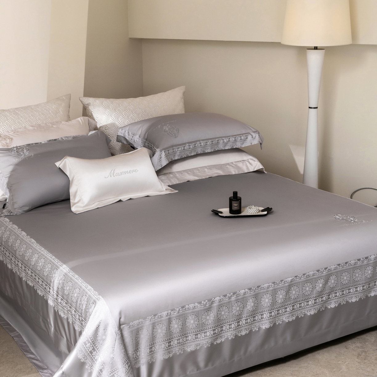 91家纺网 家纺一手货源 找家纺 馨蕊家居 2026春夏新款100S全棉纯棉高精密提花刺绣四件套-赫本 高精密赫本-高级灰