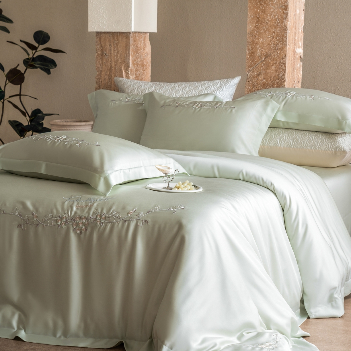 时亿家居 2026春夏新款兰精天丝四件套-夏玫瑰系列 夏玫瑰-青恒绿