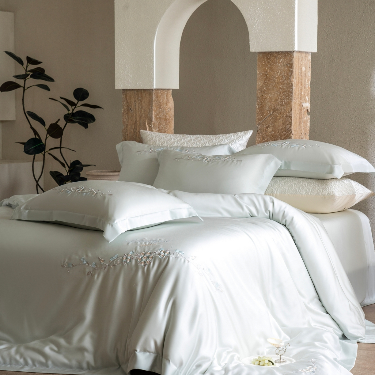 时亿家居 2026春夏新款兰精天丝四件套-夏玫瑰系列 夏玫瑰-烟罗蓝