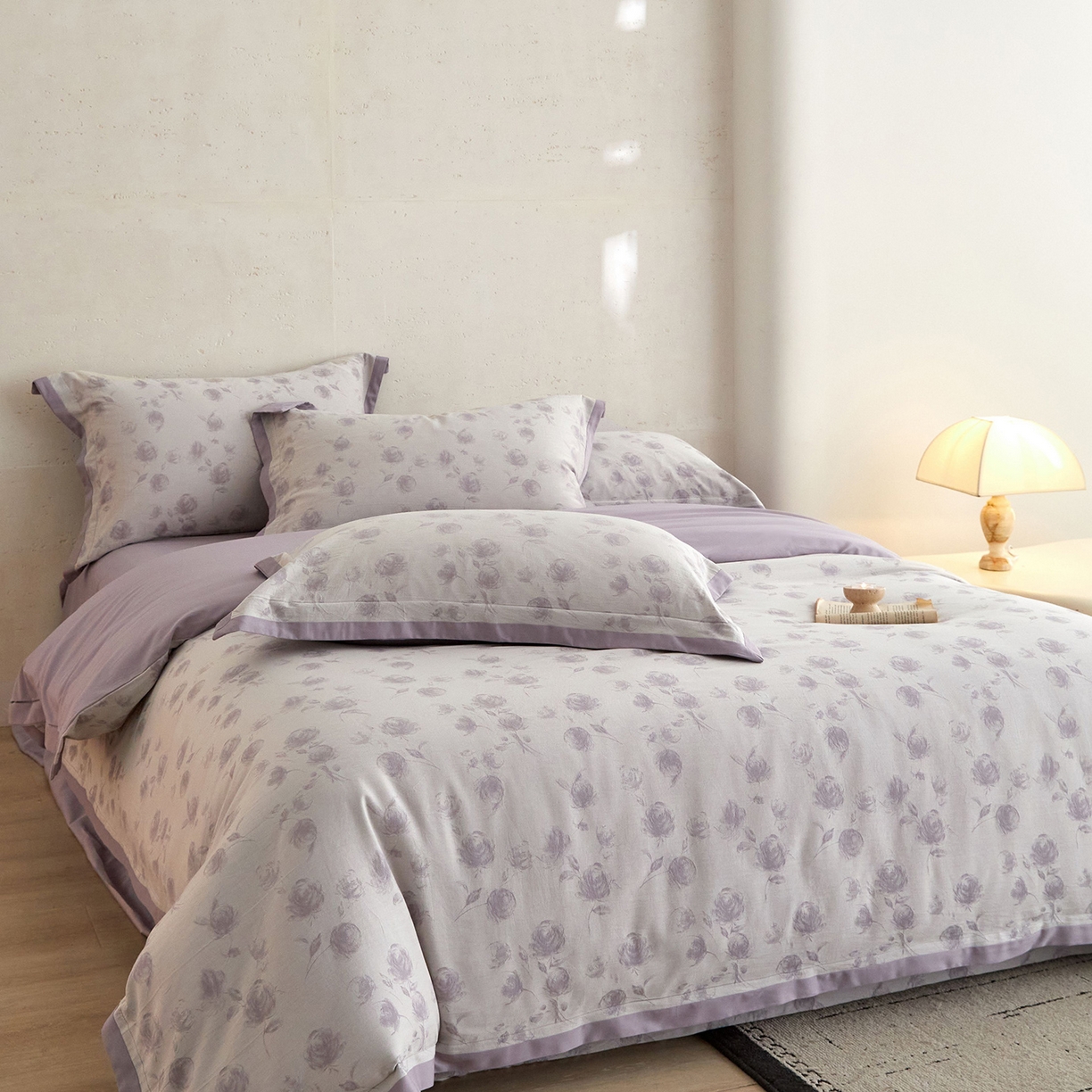 91家纺网 家纺一手货源 找家纺 JUICY 橘滋家纺 2026新款云柔奢韵全棉色织提花系列四件套 晨露玫影-露水