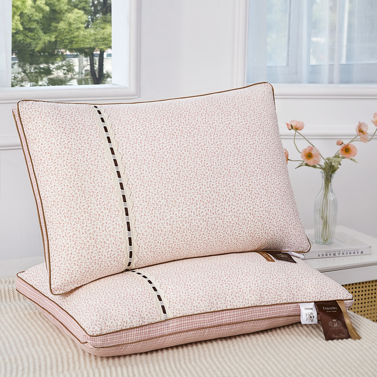 91家纺网 家纺一手货源 找家纺 （总）仁宇枕业 2026新款新品 田园风小碎花羽丝绒舒适高枕头枕芯