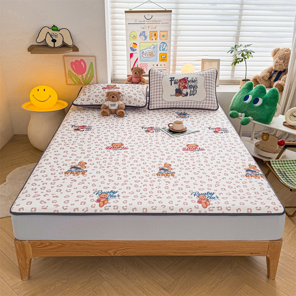 91家纺网 家纺一手货源 找家纺 慕木家纺 2026春夏新款泰迪冰丝席系列凉席席子空调软席平席和床笠 泰迪豹纹 床笠款